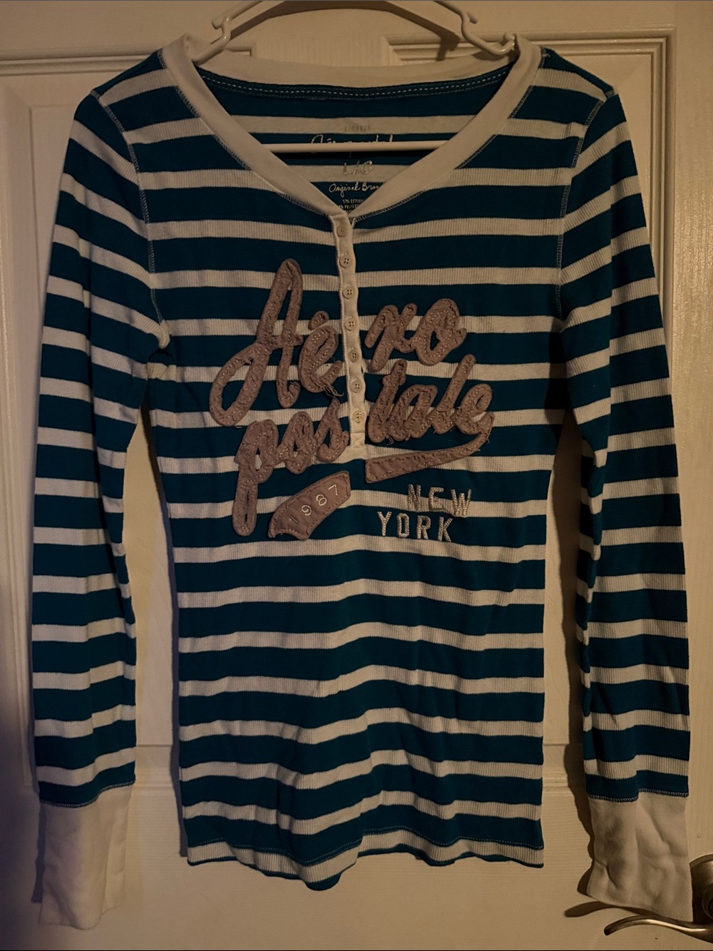 Aeropostale Teal and White Striped Long Sleeve Shirt with Logo - Picture 3 of 5